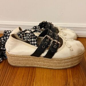 MIU MIU Women’s White Leather Ballet Flat Espadrille Platforms with Ankle Tie